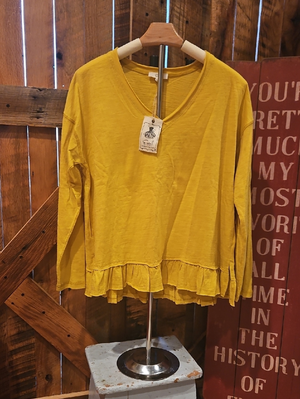 389 easel Mustard Yellow V-Neck Ruffle-Hem Long Sleeve Top